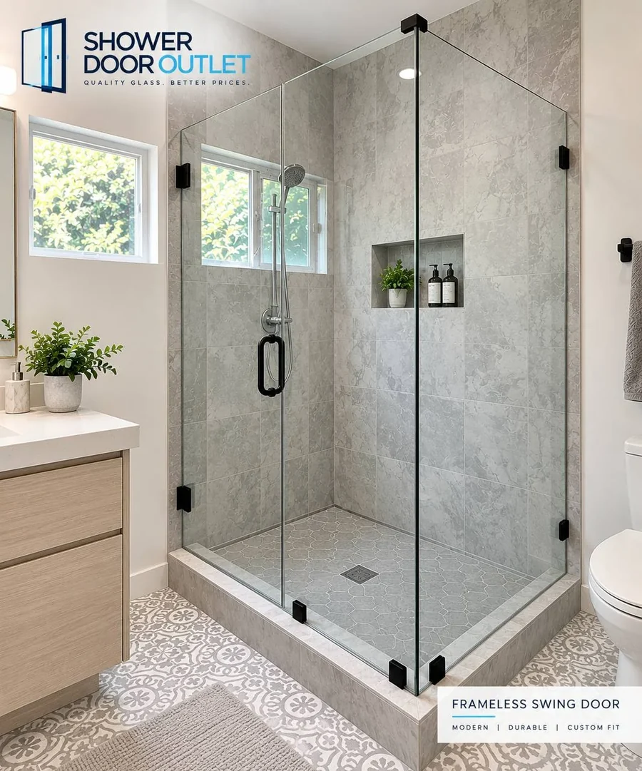 Complete custom L-shape frameless shower enclosure with matte black hardware installed by Shower Door Outlet