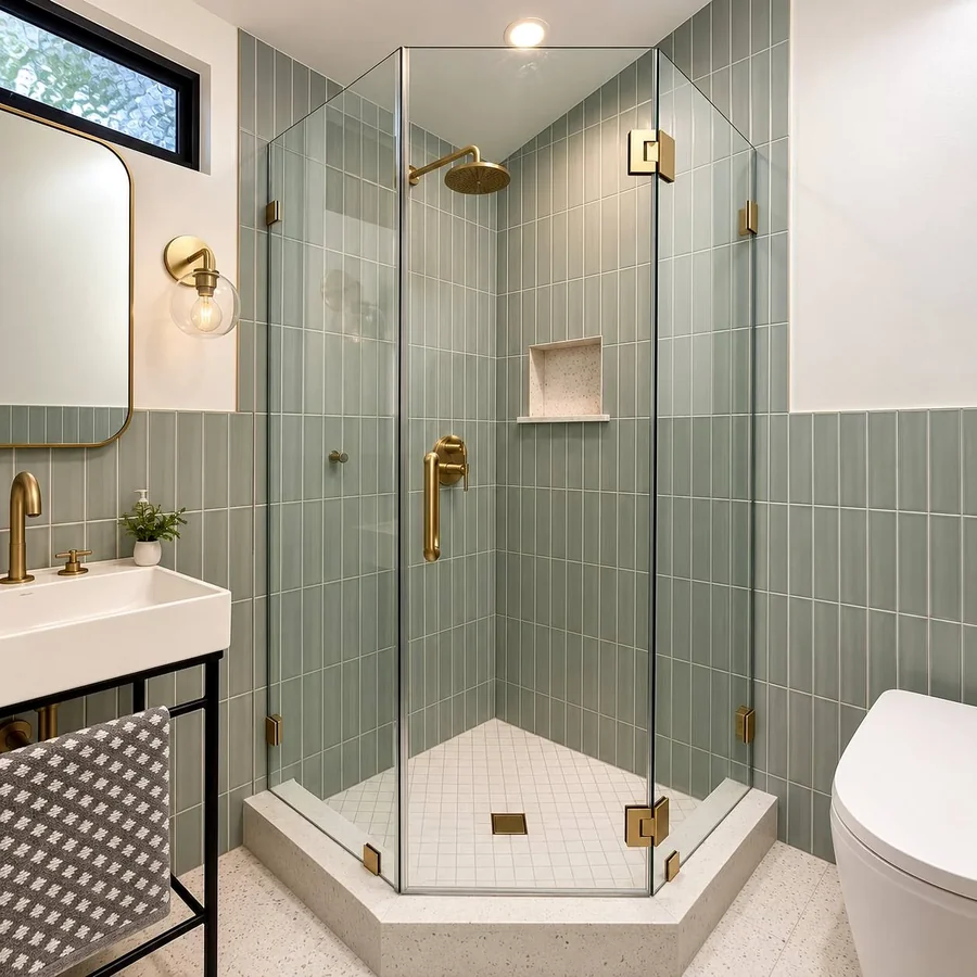 Real completed swing door frameless shower door installation with brushed gold hardware