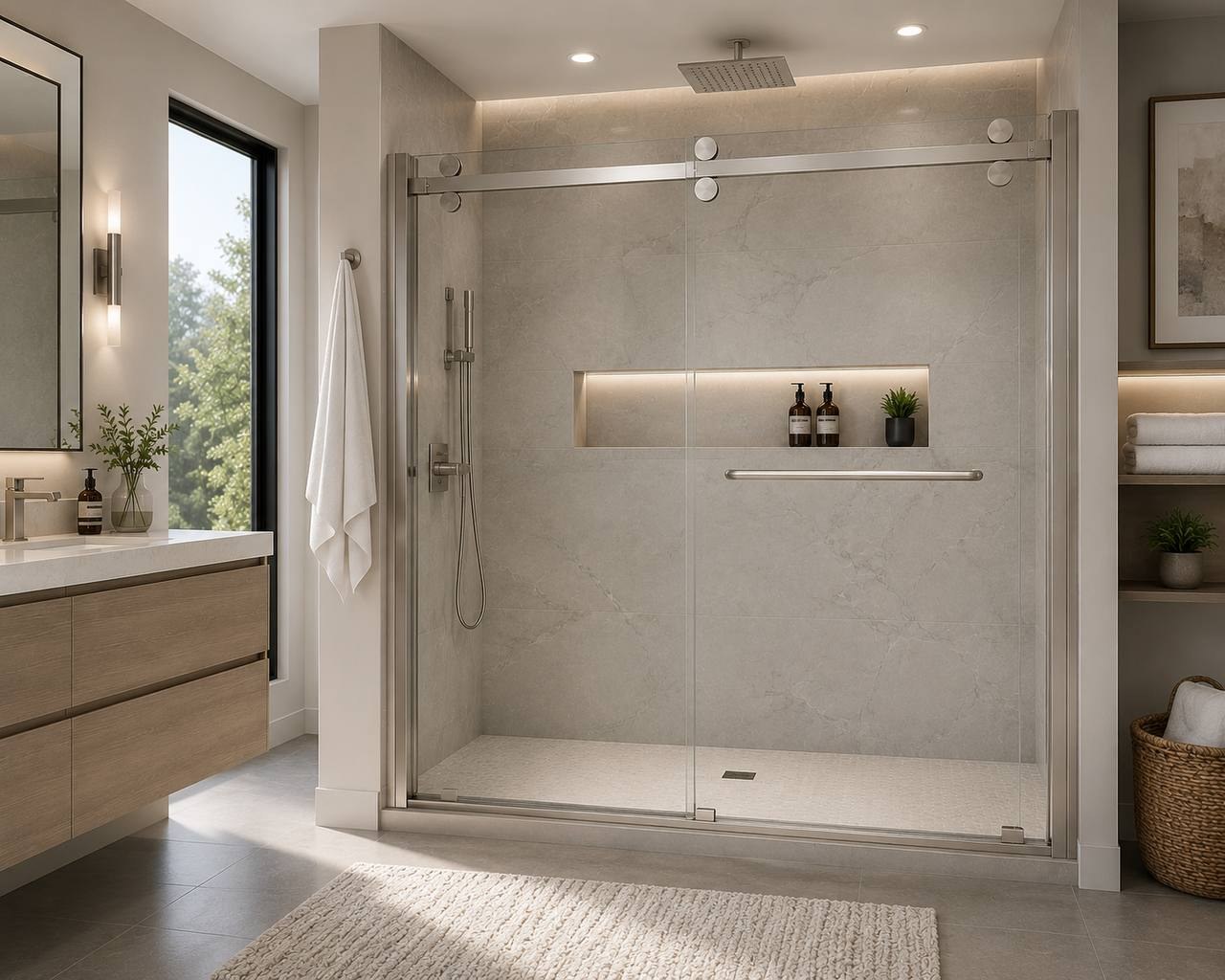 Brushed Nickel frameless shower door finish